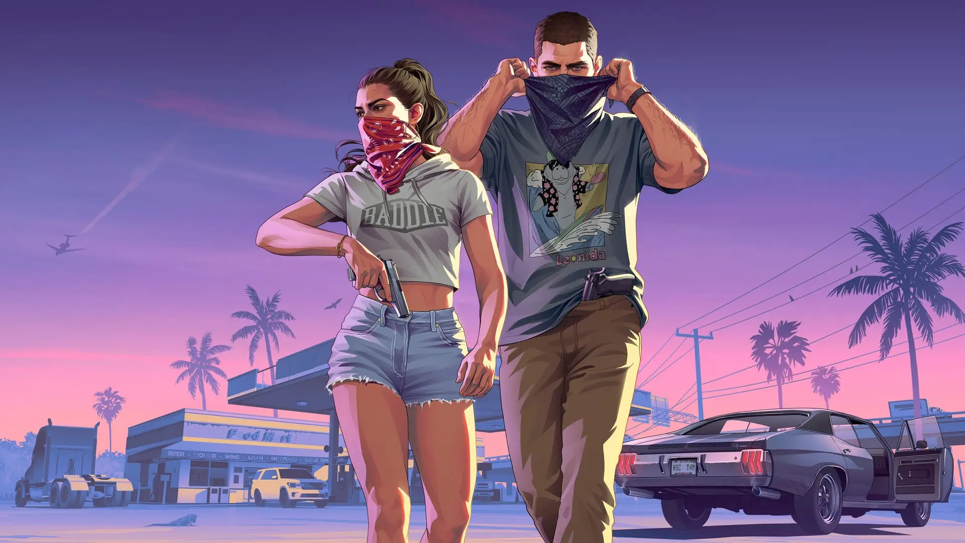 Jason and Lucia with bandanas at a gas station, official GTA 6 artwork