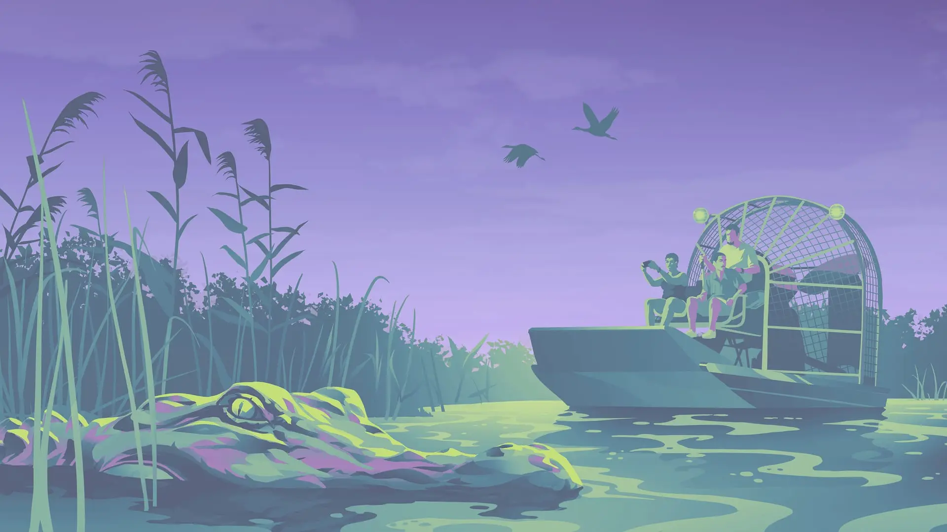 An airboat and an alligator in the Grassrivers swamp, official GTA 6 artwork