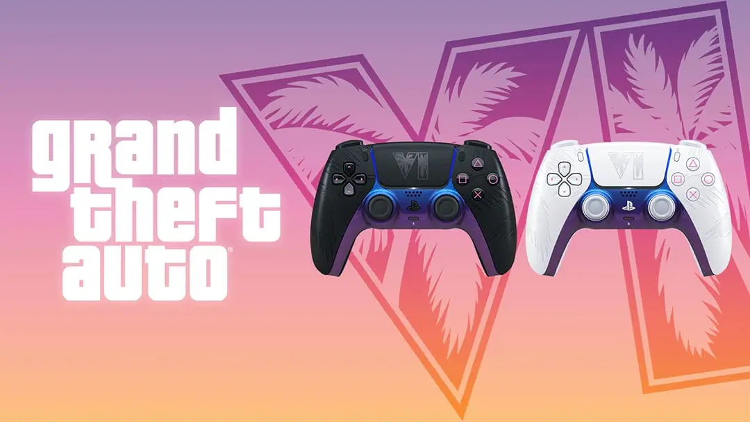Black and white DualSense controllers with purple-blue accents and palm designs, beside the Grand Theft Auto logo.