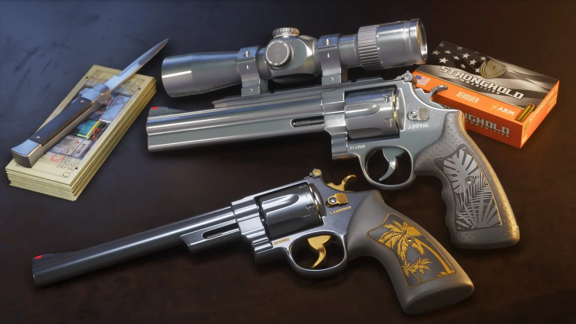 Two chrome revolvers with scope, one with gold-accented grips, next to a knife, cash stack and an ammunition box.