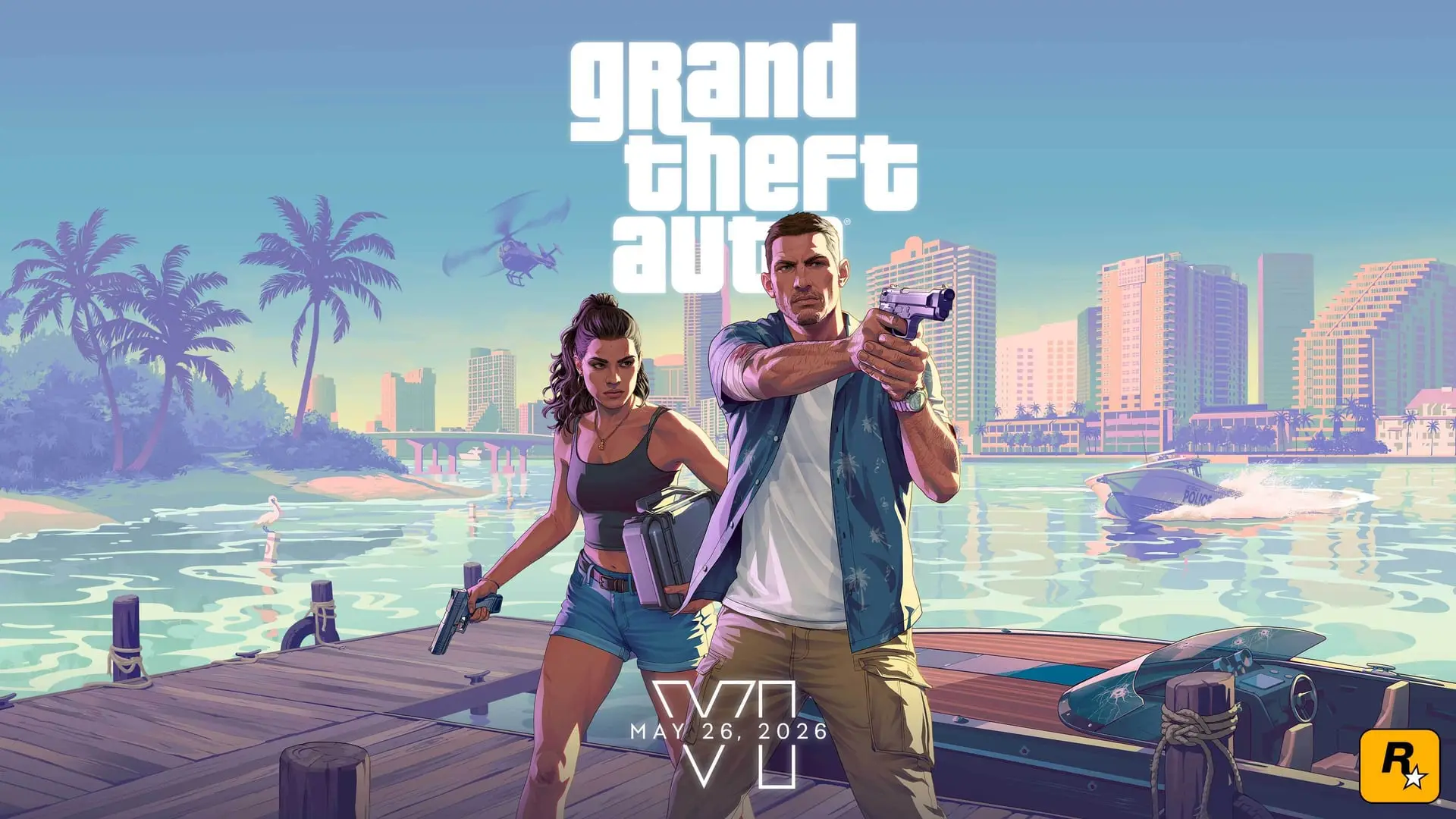 Key art of a man aiming a pistol and a woman holding a gun on a wooden pier, with a city, palms and a speedboat.