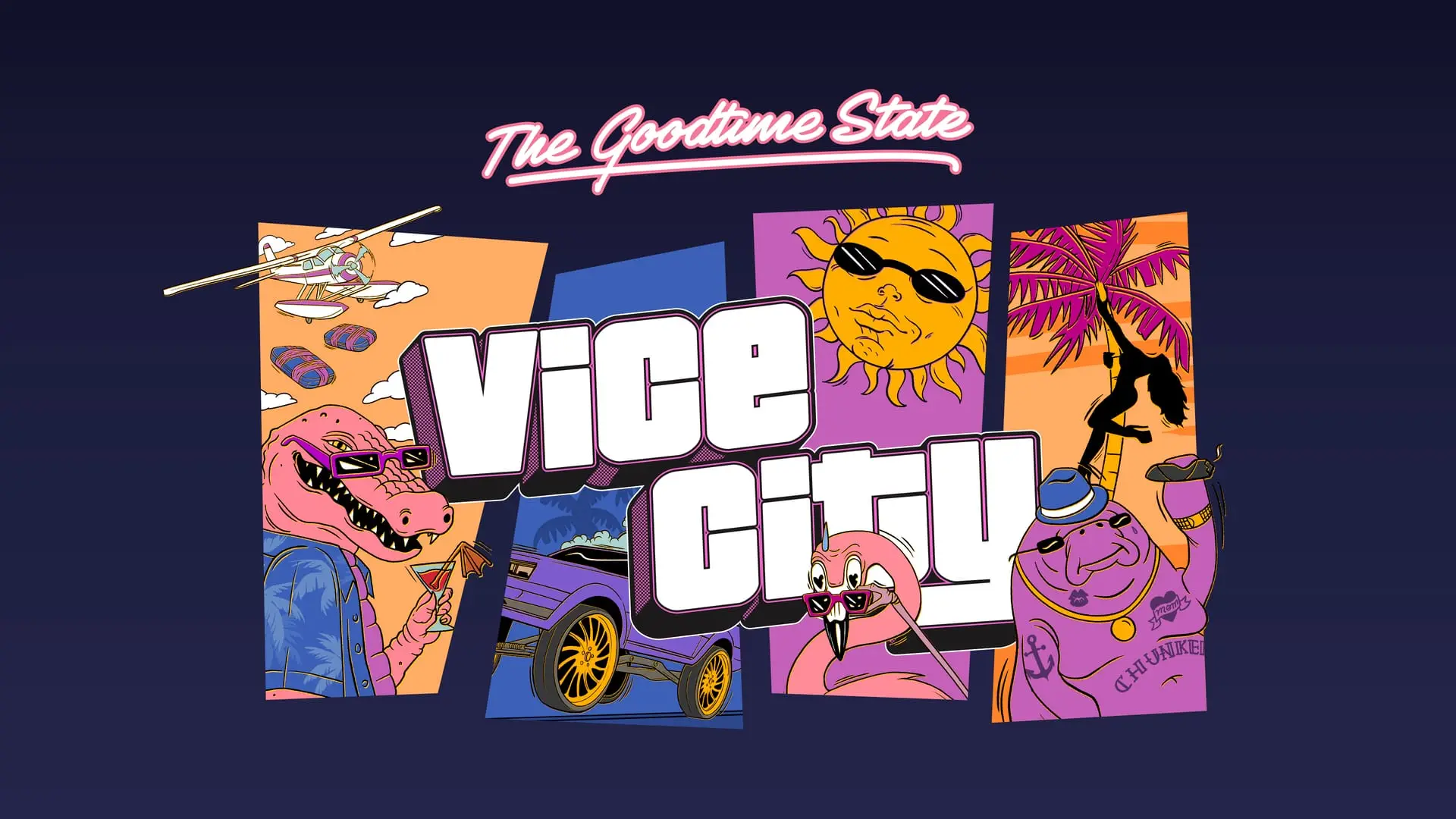 Vice City collection artwork: a dinosaur with a cocktail, purple car, sun, flamingo and palm tree.