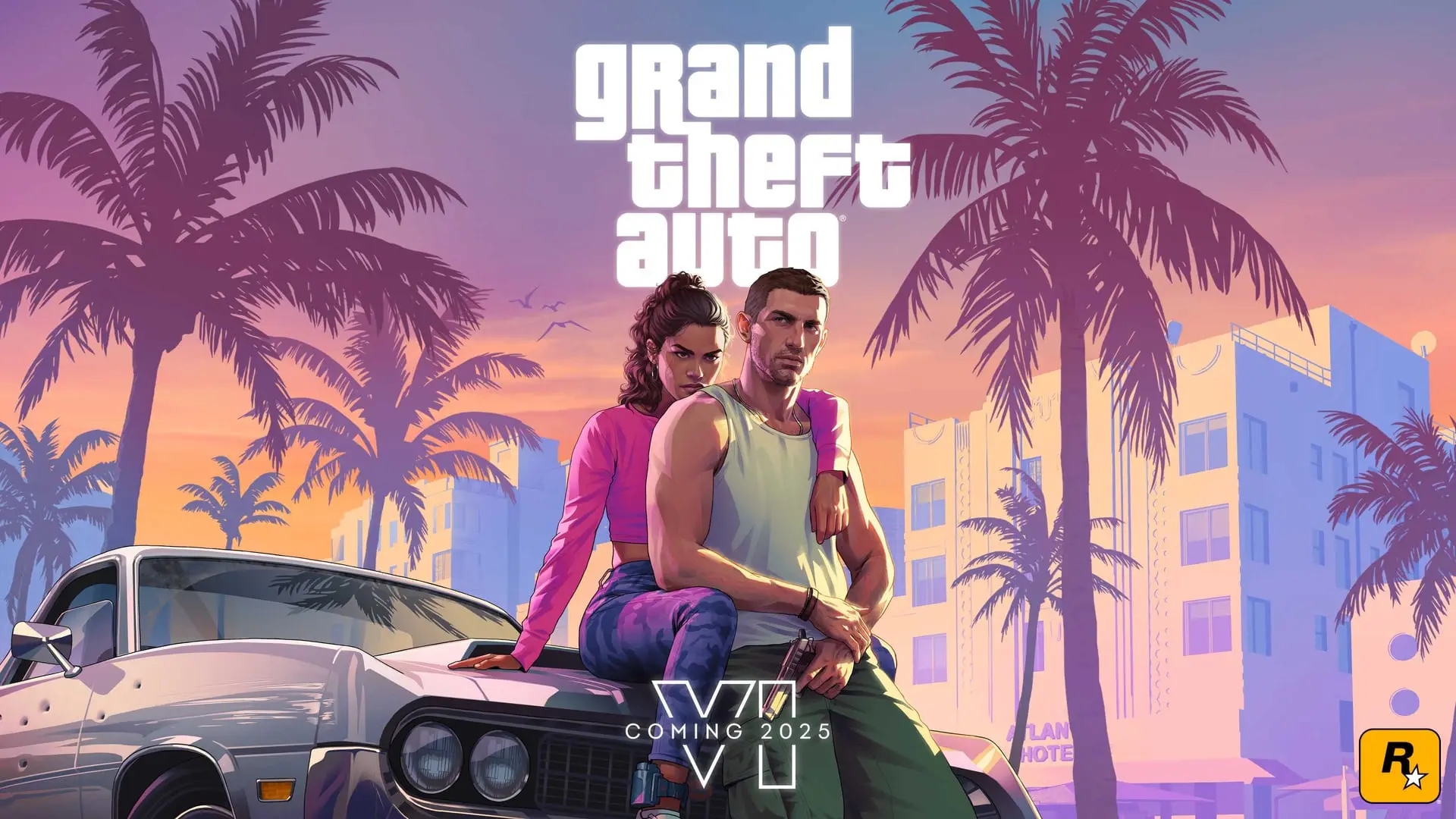 Key art of a man and a woman in pink leaning on a white vintage car, with palm trees and pastel beachfront buildings behind.