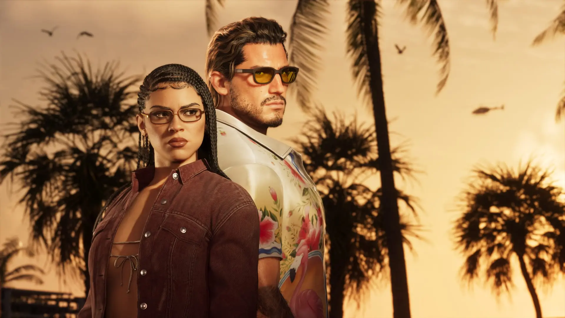 Two characters back to back at sunset: a braided woman and a man in sunglasses, palm trees behind.