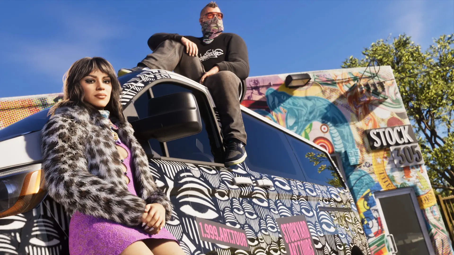 Woman in a fur-trimmed leopard coat sits beside a man on a graffiti-covered truck marked STOCK 305 under blue sky.