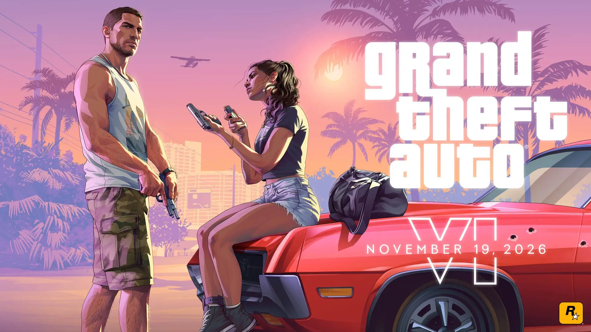 Man with a pistol stands beside a woman holding handguns, sitting on a red car at sunset with palm trees.
