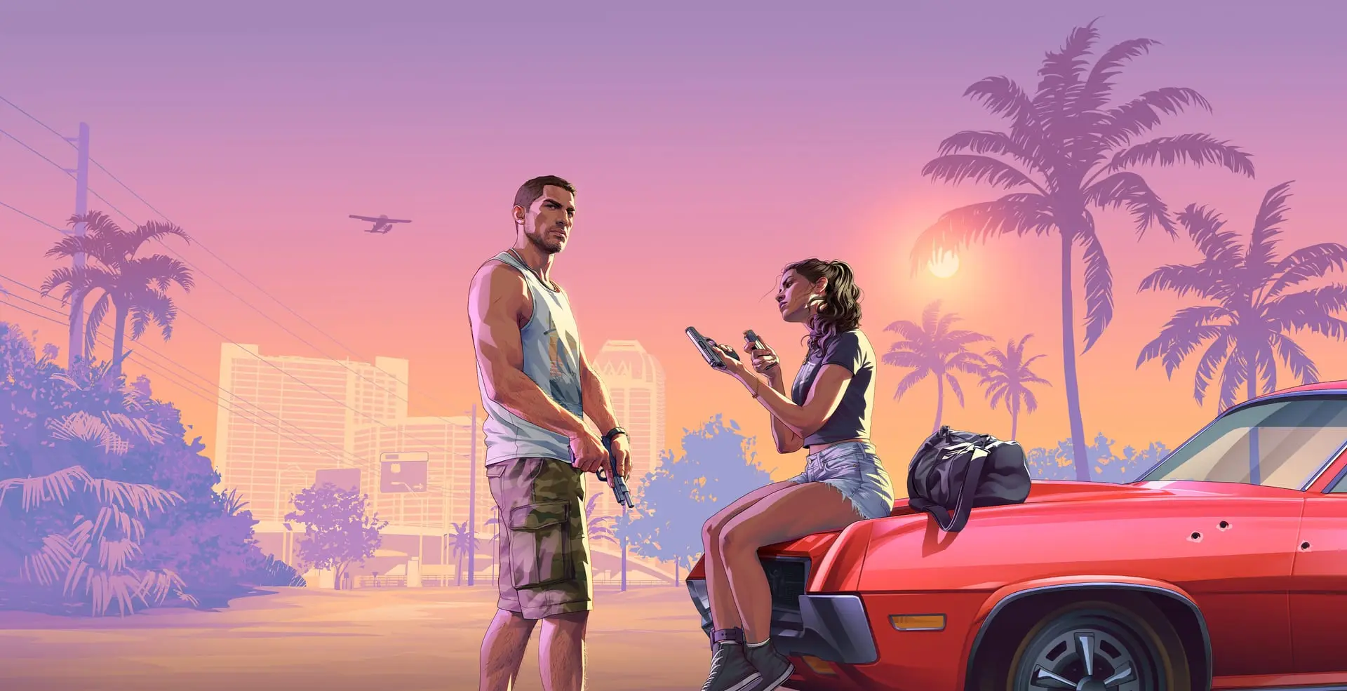 Key art of a man in a tank top aiming a pistol at a woman sitting on a red classic car at sunset, with palms and towers.