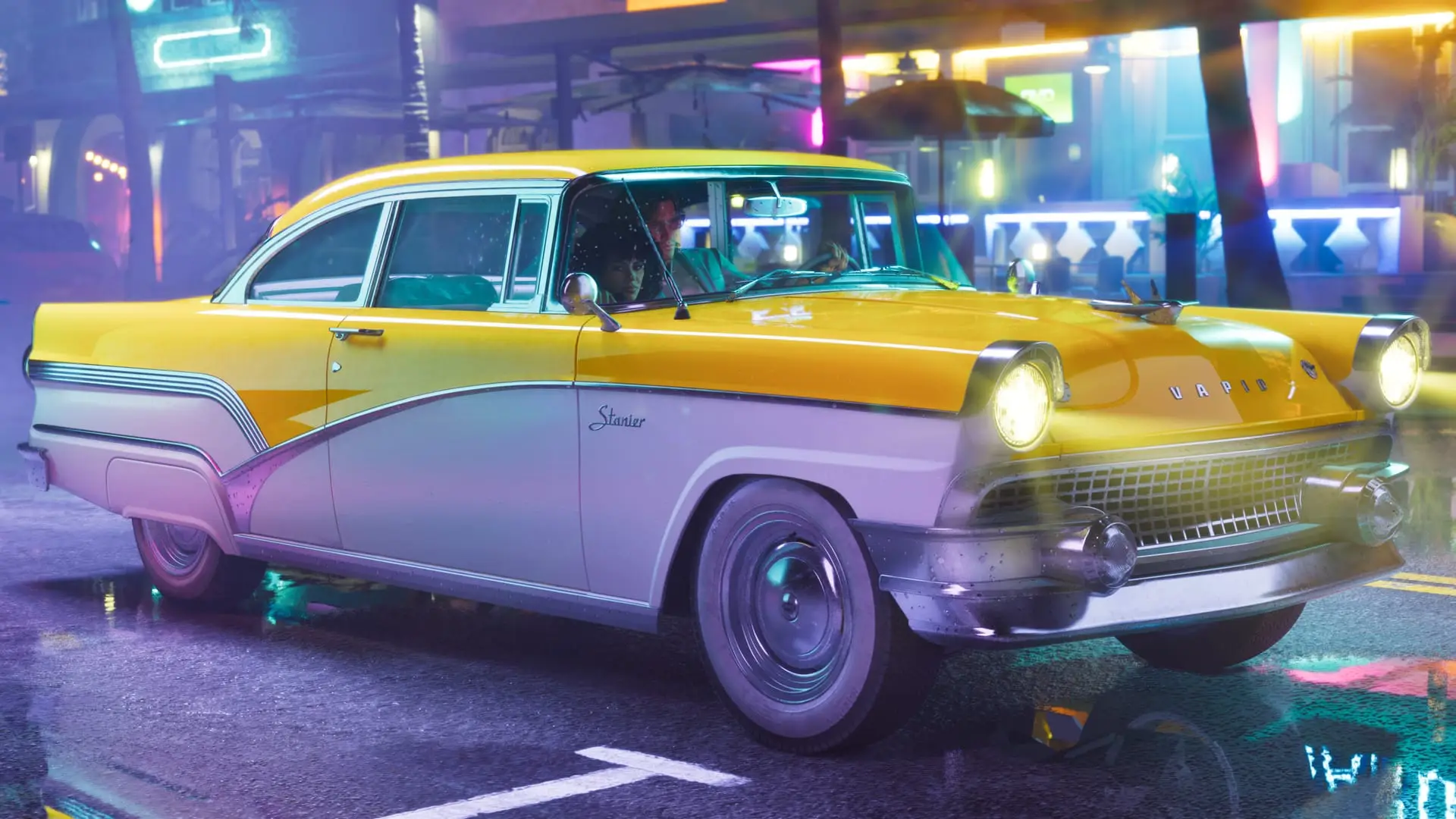 A yellow Vapid Stanier taxi on a neon-lit street, official GTA 6 render